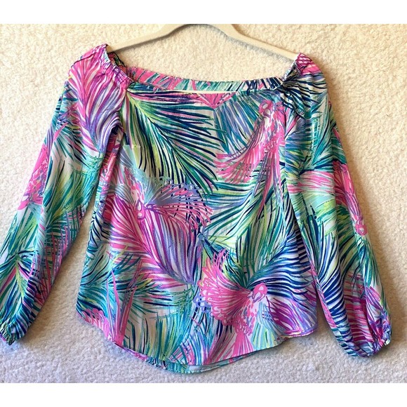 Lilly Pulitzer Adira in Multi Scarlet Off Shoulder Silk Top Blouse Size XXS - Picture 3 of 11